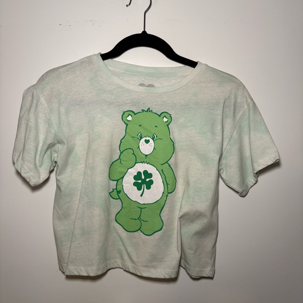 Care Bears Light Green Tie Dye Lucky St Patricks Clover Girl Cropped shirt 10 12